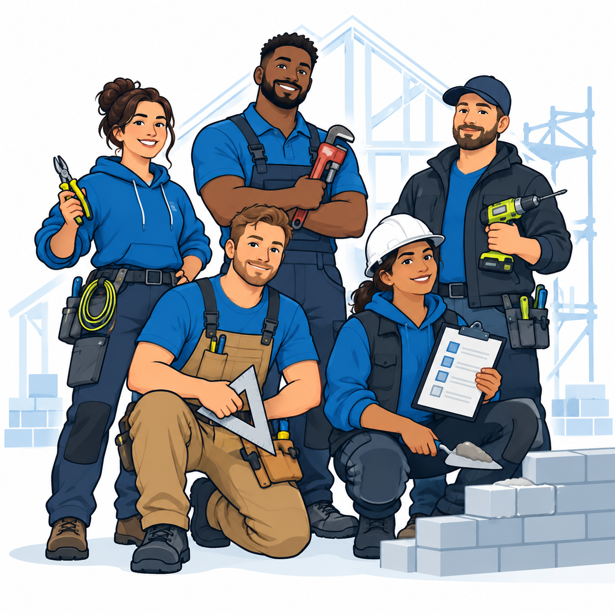 Tradespeople working together across five skilled trade pathways